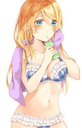 Rule 34 | 1girl, ayase eli, blonde hair, blue eyes, blush, bra, drinking straw, highres, juice box, lace, lace-trimmed bra, lace-trimmed panties, lace trim, long hair, looking at viewer, love live!, love live! school idol project, mogu (au1127), navel, panties, plaid, plaid bra, plaid panties, simple background, solo, stomach, towel, towel around neck, underwear, underwear only, white background