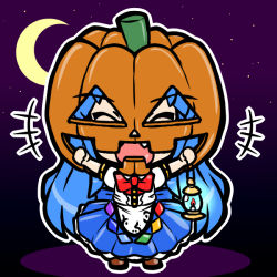 Rule 34 | 1girl, bow, candle, clenched hands, crescent, eruru (erl), closed eyes, fang, female focus, halloween, hinanawi tenshi, jack-o&#039;-lantern, lantern, long hair, long skirt, mask, night, open mouth, outstretched arms, puffy sleeves, short sleeves, skirt, solo, touhou, very long hair