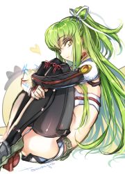 Rule 34 | 1girl, breasts, c.c., cheese-kun, code geass, cosplay, creayus, green hair, hair ribbon, kantai collection, katsuragi (kancolle), katsuragi (kancolle) (cosplay), knees to chest, long hair, looking at viewer, midriff, ponytail, ribbon, sideboob, simple background, smile, solo, thighhighs, twitter username, white background, white ribbon, yellow eyes