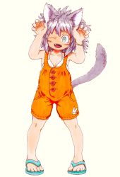 Rule 34 | 1girl, animal ears, blue eyes, bra, cat ears, cat tail, claw pose, facial mark, female focus, flat chest, full body, highres, light purple hair, one eye closed, open mouth, oratnir, original, overalls, solo, tail, underwear