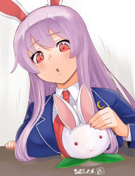 Rule 34 | 1girl, animal ears, blazer, blue jacket, blush, breast rest, breasts, collared shirt, commentary request, covered erect nipples, crescent, crescent pin, highres, inverted nipples, jacket, kei jiei, large breasts, leaf, long hair, looking at viewer, necktie, open mouth, purple hair, rabbit ears, rabbit girl, red necktie, reisen udongein inaba, shirt, sidelocks, simple background, solo, table, touhou, upper body, white background, white shirt