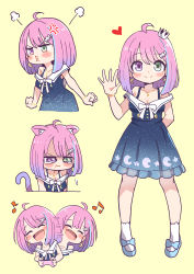 Rule 34 | 1girl, absurdres, afterimage, anger vein, animal ear fluff, animal ears, annoyed, arm behind back, arm up, black dress, blue footwear, blush, breasts, candy hair ornament, cat ears, cat girl, cat tail, cleavage, clenched hands, controller, crown, dress, food-themed hair ornament, fushicho, game controller, hair ornament, heart, heterochromia, highres, himemori luna, himemori luna (sundress), hololive, kemonomimi mode, mini crown, music, musical note, open mouth, pink hair, pout, pouty lips, shoes, short hair, simple background, singing, sleeveless, sleeveless dress, small breasts, smile, socks, solo, sundress, swaying, tail, tears, virtual youtuber, waving, yellow background