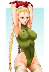 Rule 34 | 1990s (style), 1girl, ahoge, armpits, arms up, bare shoulders, blonde hair, blue eyes, bouzu oyaji, braid, breasts, cameltoe, cammy white, capcom, cleft of venus, covered erect nipples, elbow gloves, fingerless gloves, gloves, hat, highleg, highleg leotard, highres, huge ahoge, impossible clothes, large breasts, leotard, long hair, retro artstyle, scar, skin tight, solo, street fighter, street fighter ii (series), thong leotard, toned, twin braids