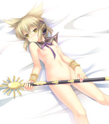 Rule 34 | 1girl, blush, bracelet, breasts, convenient censoring, earmuffs, jewelry, light brown hair, looking at viewer, lying, navel, nipples, nose blush, on back, on bed, parted lips, pointy hair, sheath, sheathed, small breasts, solo, stomach, sword, takatsukasa yue, touhou, toyosatomimi no miko, weapon, yellow eyes