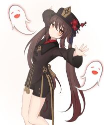 Rule 34 | 1girl, absurdres, black hat, black shorts, blush, brown eyes, brown hair, brown jacket, closed mouth, commentary request, feet out of frame, flower, flower-shaped pupils, genshin impact, ghost, hair between eyes, hat, hat flower, highres, hu tao (genshin impact), jacket, jewelry, kuronagi (mitora uwu), long hair, long sleeves, outstretched arms, red flower, red shirt, ring, shirt, short shorts, shorts, simple background, smile, solo, spread arms, standing, symbol-shaped pupils, twintails, very long hair, white background