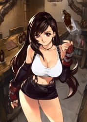 Rule 34 | 1girl, bar (place), bare shoulders, black gloves, bottle, breasts, brown eyes, brown hair, cleavage, collarbone, commentary, contrapposto, counter, earrings, english commentary, exposed thigh, female focus, final fantasy, final fantasy vii, fingerless gloves, glass bottle, gloves, highres, indoors, jewelry, large breasts, long hair, looking at viewer, microskirt, midriff, optionaltypo, red gloves, seventh heaven, skirt, smile, solo, square enix, suspender skirt, suspenders, tavern, thighs, tifa lockhart, very long hair