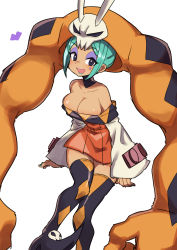 Rule 34 | 1girl, absurdres, bare shoulders, boots, breasts, cerebella (skullgirls), cleavage, dark-skinned female, dark skin, detached collar, eyeshadow, gazacy (dai), green hair, hat, highres, large breasts, makeup, open mouth, skirt, skullgirls, smile, solo, thigh boots, thighhighs, vice-versa (skullgirls)