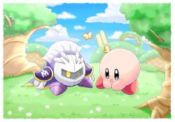 Rule 34 | :d, armor, armored boots, blue cape, blue eyes, blue sky, blurry, blurry background, blush, blush stickers, boots, border, bug, bush, butterfly, cape, cloud, commentary request, day, flower, gloves, grass, hill, insect, kirby, kirby (series), mask, meta knight, nasubino (ramowarabi), nintendo, no humans, one eye closed, open mouth, outdoors, outside border, purple footwear, shoulder armor, sky, smile, standing, tree, white border, white flower, white gloves, yellow eyes