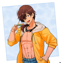 Rule 34 | abs, brown hair, fang, food, goggles, goggles around neck, hand in pocket, hansode (pumpton), highres, jacket, long hair, looking at viewer, low ponytail, male focus, mitani ryouichi, navel, open clothes, open jacket, patterned background, popsicle, purple eyes, topless male, smile, solo, summer pockets, watermelon bar