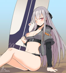 Rule 34 | 1girl, ak-12 (girls&#039; frontline), arm support, artist name, blush, braid, breasts, closed mouth, collarbone, come hither, commentary request, crop top, french braid, girls&#039; frontline, grey jacket, heart, hood, hooded jacket, jacket, long hair, looking at viewer, medium breasts, midriff, mou tama maru, navel, nipples, one breast out, pixiv id, puffy nipples, purple eyes, sidelocks, silver hair, sitting, smile, solo, spoken heart, stomach, surfboard, very long hair