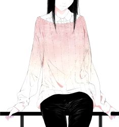 Rule 34 | 1girl, arm support, black hair, cowboy shot, head out of frame, highres, long hair, long sleeves, original, pants, railing, simple background, sitting, solo, sousou (sousouworks), white background