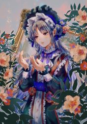 Rule 34 | 1girl, blue eyes, blue hair, bonnet, dress, flower, frills, gradient hair, hesa, highres, blue background, lolita fashion, long hair, long sleeves, looking at hands, mirror, multicolored hair, open mouth, original, parted bangs, plant, puffy sleeves, purple ribbon, ribbon, smile, solo, very long hair