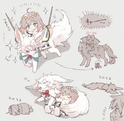 Rule 34 | 2boys, puff of air, ahoge, blush, blush stickers, boots, chibi, cloak, closed eyes, closed mouth, crown, dual wielding, fate/grand order, fate (series), fou (fate), full body, fur-trimmed cloak, fur trim, grey background, grey hair, hessian (fate), highres, holding, holding weapon, lying, multiple boys, oberon (fate), riding, simple background, sleeping, smile, sparkle, syerii, weapon