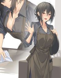 Rule 34 | 1girl, :d, absurdres, apron, black apron, black hair, blue shirt, breasts, cleaning, cleavage, collarbone, highres, holding, holding tray, long sleeves, looking at viewer, multiple views, open mouth, original, pallad, shirt, short hair, smile, tongue, tray, waving