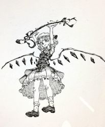 Rule 34 | 1girl, arms up, blush, bow, flandre scarlet, full body, greyscale, hat, highres, laevatein, layered skirt, looking at viewer, mary janes, mashimashi, mob cap, monochrome, open mouth, shoes, side ponytail, skirt, skirt set, socks, solo, standing, touhou, traditional media