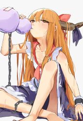Rule 34 | 1girl, bare shoulders, barefoot, blush, bow, chain, collarbone, cuffs, drinking, foot out of frame, gourd, hair bow, highres, horn ornament, horn ribbon, horns, ibuki suika, long hair, oni, oni horns, orange eyes, orange hair, pocche-ex, red bow, ribbon, shackles, shirt, sidelocks, simple background, sitting, skirt, sleeveless, sleeveless shirt, solo, touhou, white background