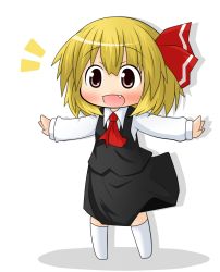 Rule 34 | 1girl, bad id, bad pixiv id, black dress, blonde hair, blush, chibi, dress, embodiment of scarlet devil, fang, female focus, full body, grey eyes, hair ribbon, open mouth, outstretched arms, ribbon, rumia, shinshia, simple background, solo, touhou, white background