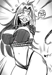 Rule 34 | !, 1girl, ball gag, bdsm, blush, bondage, bound, breasts, gag, gagged, greyscale, heart, highres, large breasts, long hair, monochrome, naga the serpent, navel, rebake, rope, skull and crossbones, slayers, solo, source request, tears, whip