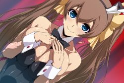 Rule 34 | 10s, 1girl, animal ears, blue eyes, blush, bow, bowtie, breast hold, breasts, breasts squeezed together, brown hair, cleavage, earrings, fake animal ears, female focus, gradient background, heart, huang lingyin, infinite stratos, jaga note, jewelry, large breasts, leotard, long hair, looking at viewer, playboy bunny, rabbit ears, smile, solo, twintails, upper body, wrist cuffs