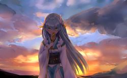 Rule 34 | 1girl, absurdres, blue sky, brown eyes, cloud, cloudy sky, commentary request, covered mouth, dragon horns, fate/grand order, fate (series), green hair, hair between eyes, headgear, highres, holding, horns, i.f.s.f, japanese clothes, kimono, kiyohime (fate), long hair, long sleeves, looking at viewer, obi, outdoors, sash, sky, solo, standing, sunset, very long hair, white kimono, wide sleeves