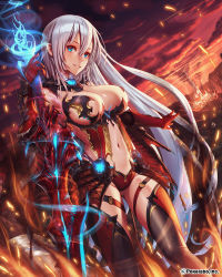 Rule 34 | 1girl, armor, bikini armor, black thighhighs, blue eyes, breasts, cleavage, clothing cutout, elbow gloves, female focus, gloves, grin, large breasts, long hair, looking at viewer, mana (remana), navel, navel cutout, official art, original, panties, red gloves, red panties, silver hair, smile, solo, sword, thighhighs, underwear, unmei no clan battle, weapon
