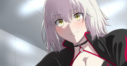 Rule 34 | 1girl, blush, embarrassed, fate/grand order, fate (series), hair between eyes, halterneck, highres, indoors, jacket, jeanne d&#039;arc alter (swimsuit berserker) (fate), jeanne d&#039;arc (fate), jeanne d&#039;arc alter (fate), jeanne d&#039;arc alter (swimsuit berserker) (fate), kawakun, long hair, pale skin, solo, white hair, yellow eyes