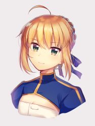 Rule 34 | 1girl, ahoge, artoria pendragon (all), artoria pendragon (fate), blonde hair, blue dress, blue ribbon, braid, breasts, cleavage, closed mouth, commentary request, dress, fate/stay night, fate (series), green eyes, grey background, hair ribbon, highres, ichiren namiro, looking at viewer, ribbon, saber (fate), shirt, short hair, signature, simple background, small breasts, smile, solo, upper body, white shirt