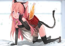 Rule 34 | 1girl, all fours, animal ears, arm up, babydoll, backpack, bag, bell, black gloves, black panties, black thighhighs, bread, cat ears, cat tail, elbow gloves, emily (pure dream), fake animal ears, food, gloves, hairband, jingle bell, long hair, open mouth, pan de peace!, panties, paw pose, pink eyes, pink hair, randoseru, sakura noa, solo, tail, thighhighs, two side up, underwear