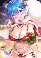 Rule 34 | 1girl, :d, animal ears, ayamy, bikini, blue eyes, blue hair, blurry, blurry background, blush, bow, breasts, capelet, cat ears, cat tail, christmas, cleavage, commentary, cowboy shot, earrings, fang, female focus, fur-trimmed capelet, fur trim, gift, hair bow, hair ornament, hair over one eye, highres, holding, holding sack, incoming gift, jewelry, large breasts, looking at viewer, lower teeth only, matching hair/eyes, navel, open mouth, re:zero kara hajimeru isekai seikatsu, red bikini, red bow, red capelet, rem (re:zero), sack, santa bikini, short hair, skin fang, smile, solo, star (symbol), stomach, strap gap, swimsuit, tail, teeth, x hair ornament