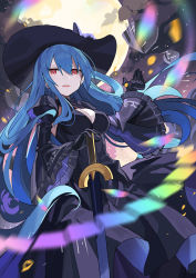 Rule 34 | 1girl, alternate costume, black dress, black gloves, black hat, blue hair, breasts, cleavage, commentary request, dress, falken (yutozin), floating rock, full moon, gloves, hair between eyes, hat, highres, hinanawi tenshi, holding, holding sword, holding weapon, long hair, long sleeves, looking at viewer, medium breasts, moon, open mouth, red eyes, rock, solo, sword, touhou, very long hair, weapon
