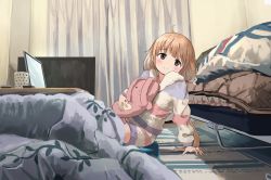 Rule 34 | 1girl, ahoge, ari hinoko, arm support, bed, blanket, blonde hair, blunt bangs, blush, brown eyes, closed mouth, commentary request, computer, cup, curtains, dot nose, from side, futaba anzu, highres, holding, hood, hoodie, idolmaster, idolmaster cinderella girls, indoors, kotatsu, laptop, leaning back, long hair, long sleeves, looking at viewer, low twintails, on floor, shorts, sitting, solo, striped clothes, striped hoodie, striped shorts, table, twintails