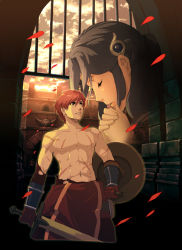 Rule 34 | 1boy, 1girl, adol christin, brown hair, enami katsumi, closed eyes, falcom, gloves, grey eyes, hair ornament, own hands clasped, long hair, looking up, muscular, official art, own hands together, pants, petals, praying, red hair, scar, shield, topless male, short hair, sky, sunset, sword, tia (ys), torn clothes, weapon, ys, ys seven