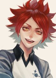 Rule 34 | 1boy, :d, collared shirt, commentary request, fangs, highres, inazuma eleven, inazuma eleven (series), looking at viewer, male focus, murasaki (fioletovyy), nagumo haruya, open mouth, raglan sleeves, red hair, red lips, shirt, smile, solo, spiked hair, symbol-shaped pupils, upper body, white background, wing collar, yellow eyes