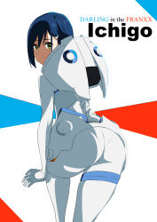 Rule 34 | 1girl, absurdres, ass, ass focus, blue hair, bodysuit, character name, copyright name, darling in the franxx, green eyes, hair ornament, hairclip, highres, ichigo (darling in the franxx), looking at viewer, looking back, pilot suit, skin tight, solo, tonotyama, white background