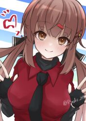 Rule 34 | 1girl, black bow, black necktie, black shirt, blue background, bow, breasts, brown eyes, brown hair, collared shirt, fingerless gloves, gloves, hair between eyes, hair bow, kantai collection, lips, long hair, looking at viewer, low twintails, medium breasts, necktie, red shirt, ryouki (34388923), shirt, smile, solo, star (symbol), striped, striped background, tashkent (kancolle), turtleneck, twintails, twitter username, untucked shirt, white background