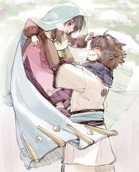 Rule 34 | 1boy, 1girl, age difference, ainu clothes, aquaplus, beard, blue scarf, blush, breasts, breath, brother and sister, brown hair, cape, closed eyes, dress, facial hair, family, full body, grin, hair between eyes, height difference, held up, kryutaware, lifting person, long hair, long sleeves, looking at another, messy hair, mole, mole under eye, nekone (utawarerumono), nose, nose blush, open mouth, pointy ears, red eyes, scarf, shoes, siblings, sidelocks, small breasts, smile, snow, snowing, socks, teeth, ukon (utawarerumono), utawarerumono, utawarerumono: itsuwari no kamen