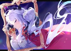 Rule 34 | 1girl, absurdres, alternate costume, blue archive, blush, cloak, crown, demon horns, floating hair, from side, grey hair, halo, highres, hina (blue archive), holding, holding crown, horns, looking at viewer, meunhongcha, mini crown, picture frame, purple eyes, red cloak, shirt, sideways glance, solo, upper body, white shirt
