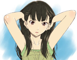 Rule 34 | 1girl, adjusting hair, armpits, arms behind head, arms up, bare shoulders, blush, brown eyes, brown hair, camisole, chiba saori, hourou musuko, jewelry, lips, long hair, necklace, open mouth, sawa jaaji, solo, tongue