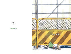 Rule 34 | 1girl, ?, all fours, animal, azuma kiyohiko, bag, block (object), cat, child, concrete, curious, diagonal stripes, fence, green hair, koiwai yotsuba, official art, official wallpaper, on ground, outdoors, peeking, industrial pipe, quad tails, raglan sleeves, red footwear, shoes, short sleeves, shorts, shoulder bag, solo, striped, text focus, wallpaper, yotsubato!