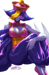 Rule 34 | 1girl, bad id, bad twitter id, bare shoulders, blue skin, breasts, capcom, chinese clothes, cleavage, cleavage cutout, clothing cutout, colored skin, hat, highres, huge weapon, jiangshi, large breasts, legs together, lei lei, ofuda, one eye covered, purple hair, qingdai guanmao, red eyes, robaato, seiza, short hair, sitting, slit pupils, smile, solo, vampire, vampire (game), weapon