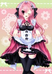 Rule 34 | 1girl, absurdres, bad id, bad pixiv id, black thighhighs, breasts, cleavage, clothes lift, d;, frilled thighhighs, frills, highres, lace, legs, long hair, maid, one eye closed, open mouth, pink eyes, pink hair, shira yuri, shirato sayuri, skirt, skirt lift, solo, striped, striped background, thighhighs, wink