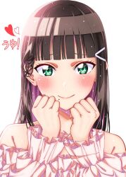 Rule 34 | 1girl, bare shoulders, black hair, blunt bangs, blush, clenched hands, commentary request, frilled shirt, frilled sleeves, frills, green eyes, hair ornament, hairclip, hands up, heart, highres, kurosawa dia, long hair, long sleeves, looking at viewer, love live!, love live! sunshine!!, mole, mole under mouth, off-shoulder shirt, off shoulder, ojyomu, pink shirt, shirt, simple background, smile, solo, translation request, upper body, white background