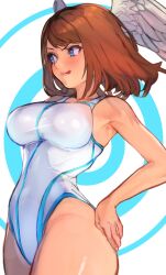 Rule 34 | 1girl, blue eyes, blush, brown hair, eunie (xenoblade), fiery hair, head wings, highres, one-piece swimsuit, r123, smile, solo, swimsuit, white wings, wings, xenoblade chronicles (series), xenoblade chronicles 3