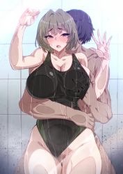 Rule 34 | 1boy, 1girl, against glass, akina-chan, animated, bathing, bathroom, black one-piece swimsuit, blush, breasts, brown hair, censored, cleavage, embarrassed, grabbing, grabbing another&#039;s breast, green hair, green haired girl (buckethead), grey eyes, hetero, highres, hug, huge breasts, mature female, one-piece swimsuit, original, penis, sex, short hair, shower, sound, swimsuit, tearing up, tears, thick thighs, thighhighs, thighs, umezawa itte, vaginal, video, water, wet