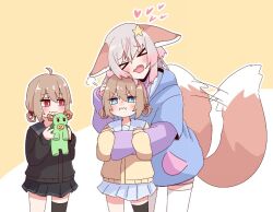 &gt;_&lt; 3girls animal_ears annytf black_thighhighs blue_eyes blush bow bowtie eating evil_neuro-sama fox_ears fox_girl fox_tail headpat heart hood hoodie hug indie_virtual_youtuber miniskirt mother_and_daughter multiple_girls neuro-sama pout red_eyes short_hair siblings skirt star_(symbol) tail teteteru_267 thighhighs twintails vedal987 virtual_youtuber white_thighhighs