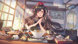 Rule 34 | 1girl, :d, atdan, bento, black dress, black hair, bowl, check copyright, chopsticks, commentary, copyright request, cup, day, dress, fish, flower, food, glasses, hair flower, hair ornament, highres, indoors, light rays, long hair, looking at viewer, looking over eyewear, makizushi, noodles, onigiri, onmyoji, open mouth, own hands together, plate, red-framed eyewear, red eyes, red flower, see-through, semi-rimless eyewear, smile, solo, spider lily, steam, sunbeam, sunlight, sushi, sushi geta, table, under-rim eyewear, window