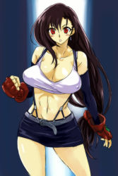 Rule 34 | 1990s (style), 1girl, belt, breasts, brown hair, cleavage, clenched hand, covered erect nipples, earrings, elbow gloves, final fantasy, final fantasy vii, gloves, jewelry, large breasts, legs, long hair, low-tied long hair, michael f91, navel, pencil skirt, red eyes, retro artstyle, skirt, solo, suspender skirt, suspenders, tank top, thighs, tifa lockhart