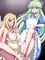 Rule 34 | (ddq0246), 2girls, angel wings, barefoot, black alice, blonde hair, blue eyes, blush, bow, breasts, censored, circlet, cleavage, cum, ejaculation, feet, footjob, green hair, hair bow, highres, ilias, large breasts, long hair, mon-musu quest!, multiple girls, open mouth, penis, pink eyes, pointy ears, raichi, smile, soles, toes, wings