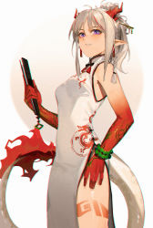 Rule 34 | 1girl, absurdres, arknights, bare shoulders, bead bracelet, beads, bracelet, breasts, china dress, chinese clothes, cowboy shot, dress, female focus, folding fan, grey background, hand fan, highres, holding, holding fan, horns, jewelry, looking at viewer, medium hair, multicolored hair, nian (arknights), nian (unfettered freedom) (arknights), official alternate costume, parted lips, purple eyes, red hair, simple background, sleeveless, sleeveless dress, small breasts, solo, standing, streaked hair, tail, white dress, white hair, zhoi star