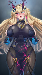Rule 34 | 1girl, bare shoulders, black dress, blonde hair, blue eyes, breasts, brown pantyhose, dress, barghest (fate), barghest (second ascension) (fate), fate/grand order, fate (series), heterochromia, highres, horns, kemurin, large breasts, long hair, looking to the side, open mouth, pantyhose, pelvic curtain, red eyes, sideboob, solo, thighs